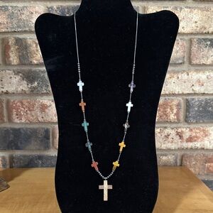 Liquid silver, natural stone and wood cross necklace
